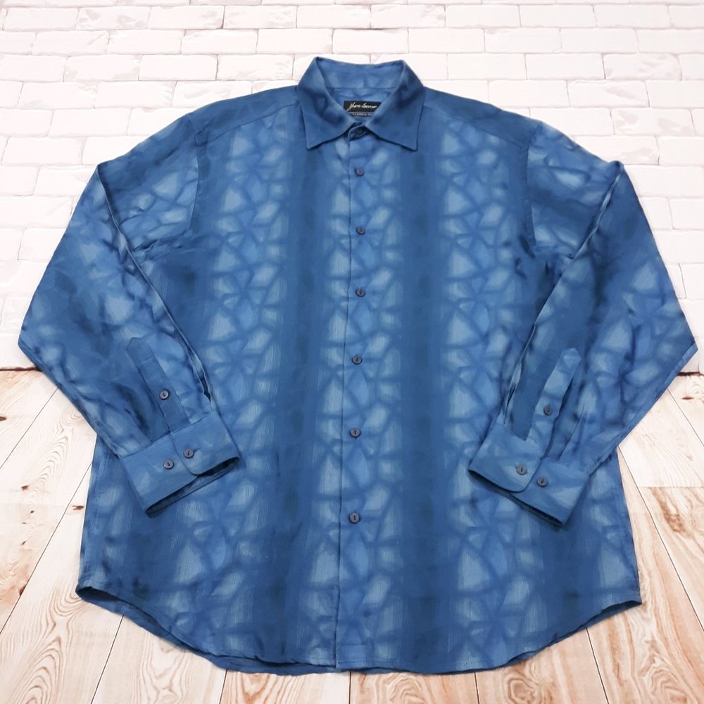 Jhane Barnes Disco Shirt Mens XL Classic Fit Casual 80s Silk Abstract Party Blue
